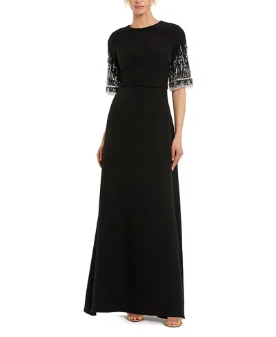 Mac Duggal Petite Black Crepe A Line Gown With Beaded 3/4 Sleeves In Animal Print