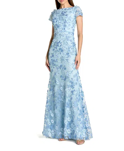 Mac Duggal Petite Blue Floral Applique Boat Neck Cap Sleeve Gown