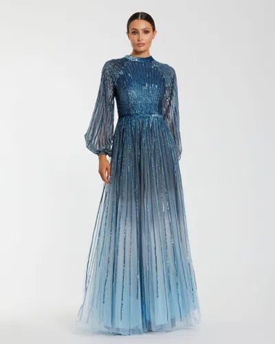 Mac Duggal Petite Ombre Beaded Bishop Sleeve A-line Gown In Blue