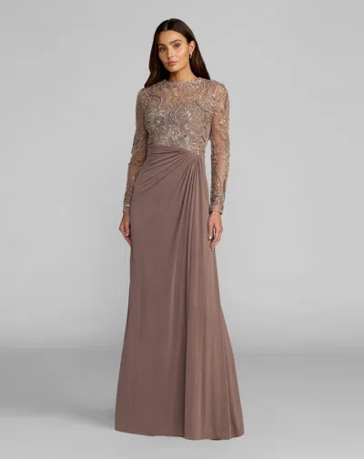 Mac Duggal Petite Sequin Embroidered Long Sleeve Jersey Skirt Gown In Brown