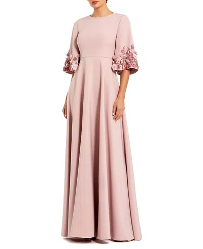 Mac Duggal Petite Crepe 3/4 Sleeve A-line Gown With Flower Trim In Pink