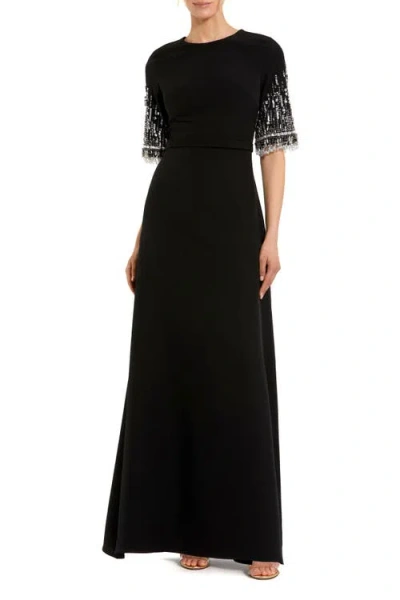 Mac Duggal Petite Crepe A Line Gown With Beaded 3/4 Sleeves In Black