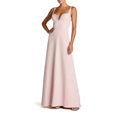 Mac Duggal Petite Crepe A Line Gown With Rhinestone Trim In Neutral
