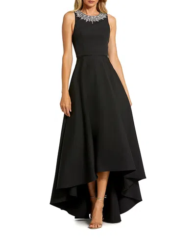 Mac Duggal Petite Crepe Embellished Neck High Low Gown In Black
