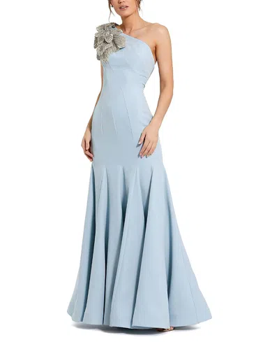 Mac Duggal Petite Crepe One Shoulder Gown With Flower Detail In Blue