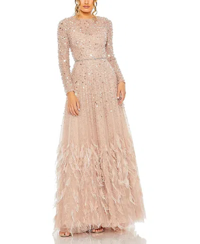 Mac Duggal Petite Disc Embellished Sequin Gown With Feather Detail In Neutral