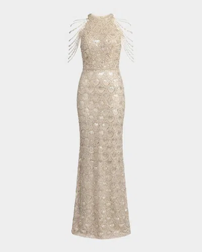 Mac Duggal Petite Draped Beaded Column Gown In Cream Nude