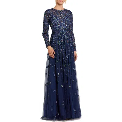 Mac Duggal Petite Embellished High Neck Long Sleeve A-line Gown In Navy