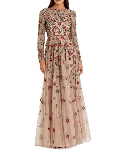 Mac Duggal Embellished High Neck Long Sleeve A Line Gown In Antique Rose