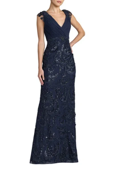 Mac Duggal Petite Floral Beaded Chiffon V-neck Evening Gown In Midnight
