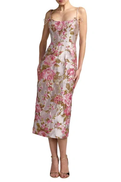 Mac Duggal Petite Floral Brocade Midi Dress With Bow Tie Straps In Pink