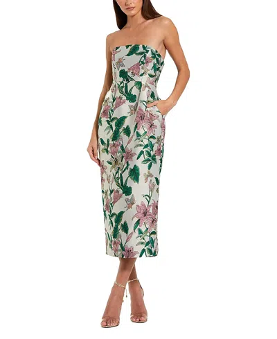 Mac Duggal Petite Floral Brocade Strapless Fitted Midi Dress In White
