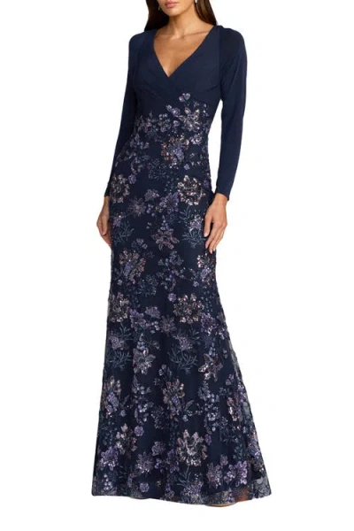 Mac Duggal Petite Floral Embroidered Jersey Long Sleeve Gown In Blue