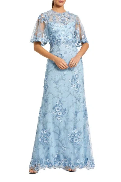 Mac Duggal Petite Flutter Sleeve Floral Embroidered Net Gown In Blue