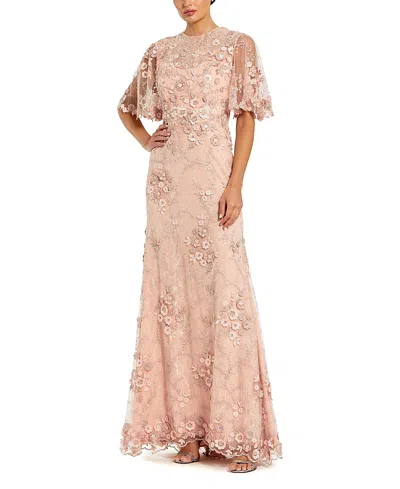 Mac Duggal Petite Flutter Sleeve Floral Embroidered Net Gown In Pink