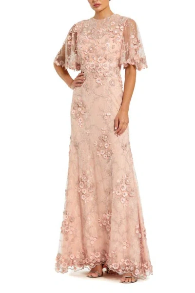Mac Duggal Petite Flutter Sleeve Floral Embroidered Net Gown In Pink