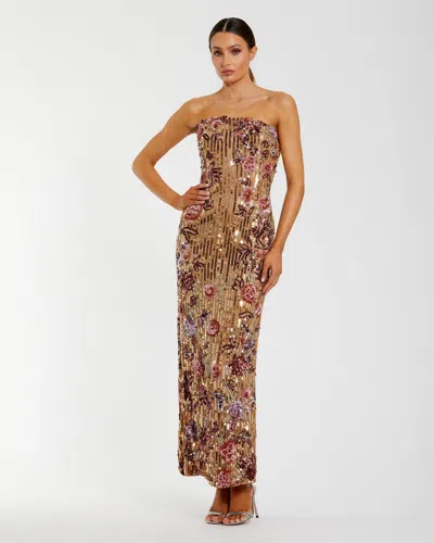 Mac Duggal Petite Gold Floral Embellished Strapless Column Dress In Gold Multi