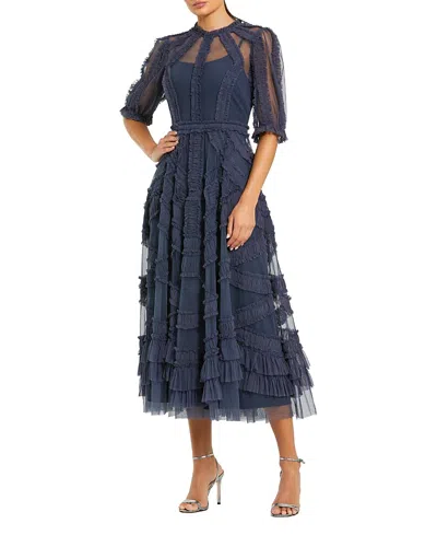 Mac Duggal Petite Illusion High Neck Tiered Ruffle A-line Midi Dress In Blue