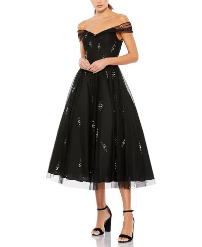 Mac Duggal Petite Ieena Off The Shoulder Embellished Tulle Cocktail Dress In Black