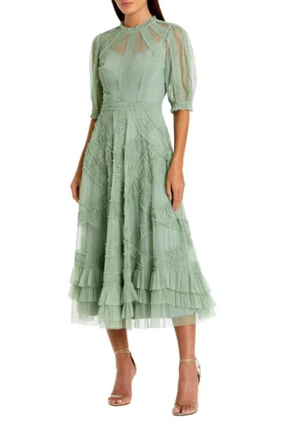 Mac Duggal Petite High Illusion Neck Ruffle Tiered A-line Midi Dress In Neutral