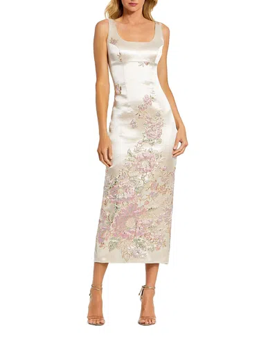 Mac Duggal Petite Ivory Slim Strap Scoop Neck Bustier Brocade Midi Dress In White