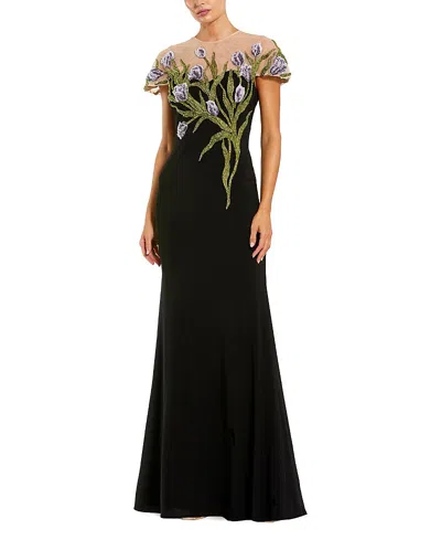Mac Duggal Petite Jersey Floral Embroidered Illusion Neck Gown In Black