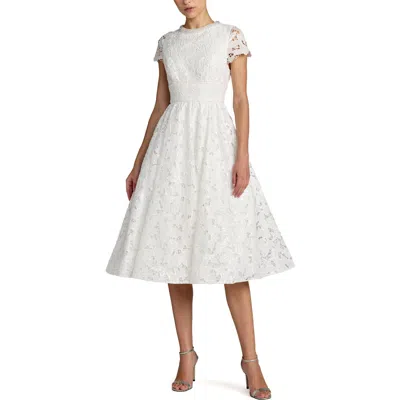 Mac Duggal Petite Lace Embellished Cap Sleeves A Line Midi Dress In White