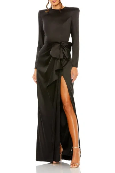Mac Duggal Petite Long Sleeve Satin Structured Bow Draped Column Gown In Black