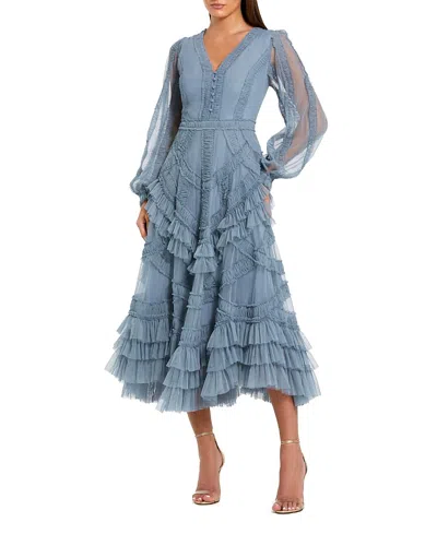 Mac Duggal Petite Long Sleeve V Neck Mesh Micro Ruffle Midi Dress In Blue