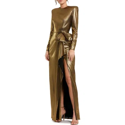 Mac Duggal Petite Metallic Long Sleeve Bow Detail Gown In Gold