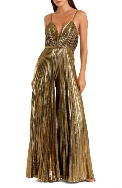 Mac Duggal Petite Metallic Pleated Wide-leg V-neck Jumpsuit In Brown