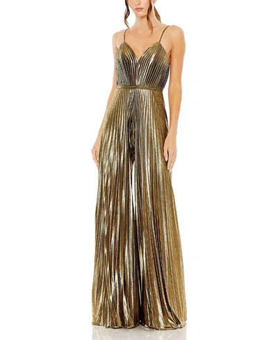 Mac Duggal Petite Metallic Pleated Wide-leg V-neck Jumpsuit In Multi