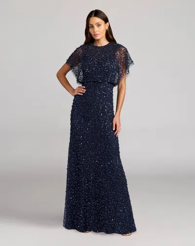 Mac Duggal Petite Navy High Neck Short Sleeve Embellished Gown In Midnight
