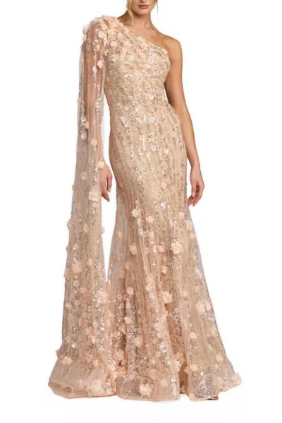 Mac Duggal Petite One Shoulder Embellished Gown With Cape Sleeve In Neutral