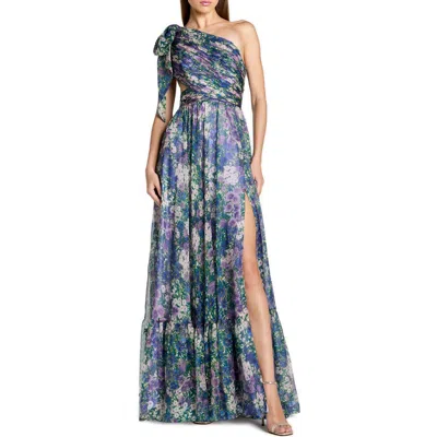 Mac Duggal Petite Purple One Shoulder Floral Printed Chiffon Side Cut Out Gown In Blue
