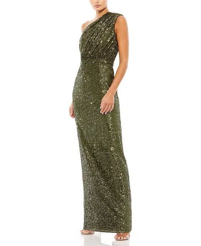 Mac Duggal Petite One Shoulder Ruched Sequin Evening Gown In Green