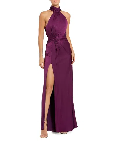 Mac Duggal Petite Open Back High Neck Side Ruched Gown In Purple