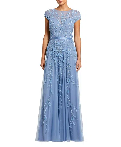 Mac Duggal Petite Pink Floral Embellished Cap Sleeve Gown In Blue