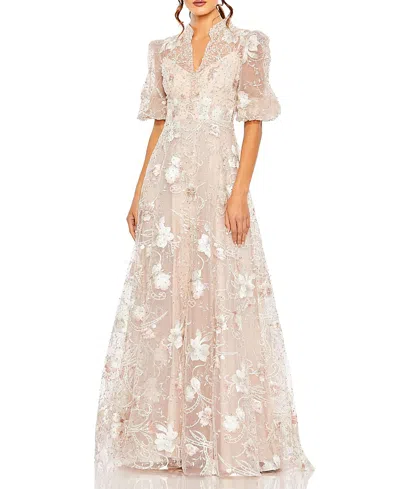 Mac Duggal Petite Embroidered Queen Anne Puff Sleeve A Line Gown In Pink