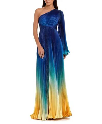 Mac Duggal Petite Pleated Charmeuse One-shoulder Ombre Gown With Flared Sleeve In Blue