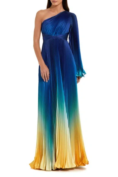 Mac Duggal Petite Pleated Charmeuse One-shoulder Ombre Gown With Flared Sleeve In Blue
