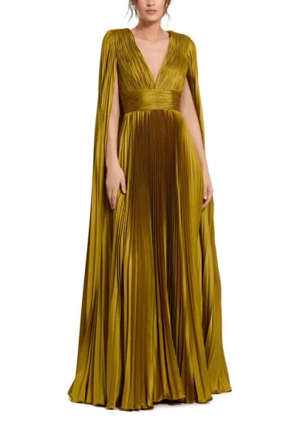 Mac Duggal Petite Pleated Charmeuse V Neck Gown With Cape In Yellow