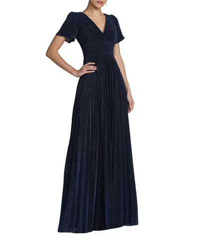 Mac Duggal Petite Pleated Metallic Flutter Sleeve A Line Gown In Black