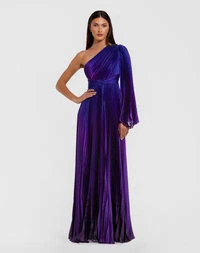 Mac Duggal Petite Pleated Charmeuse One-shoulder Ombre Gown With Flared Sleeve In Multi