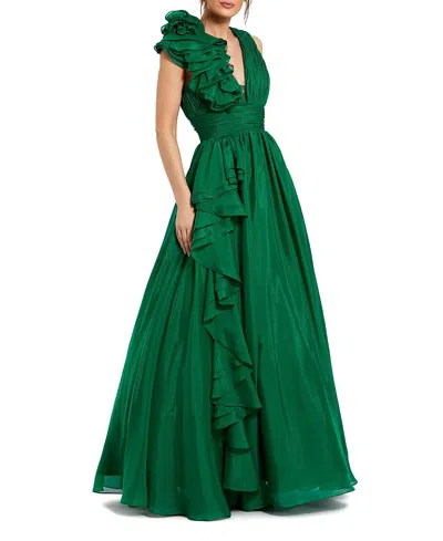 Mac Duggal Petite Ruffle Shoulder V-neck Chiffon Gown In Green