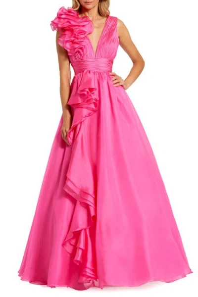 Mac Duggal Petite Ruffle Shoulder V-neck Chiffon Gown In Pink