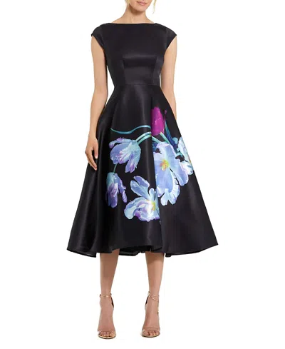 Mac Duggal Petite Satin Cap Sleeve Midi Dress With Floral Print In Multi
