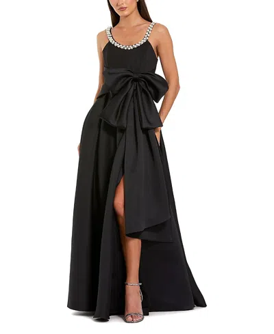 Mac Duggal Petite Satin Gown With Pearl Neckline And Bow Detail In Black