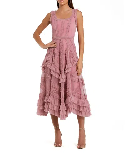 Mac Duggal Petite Scoop Neck Sleeveless Mesh Micro Ruffle Midi Dress In Pink