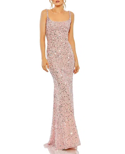 Mac Duggal Petite Sequined Low Back Slip Gown In Pink